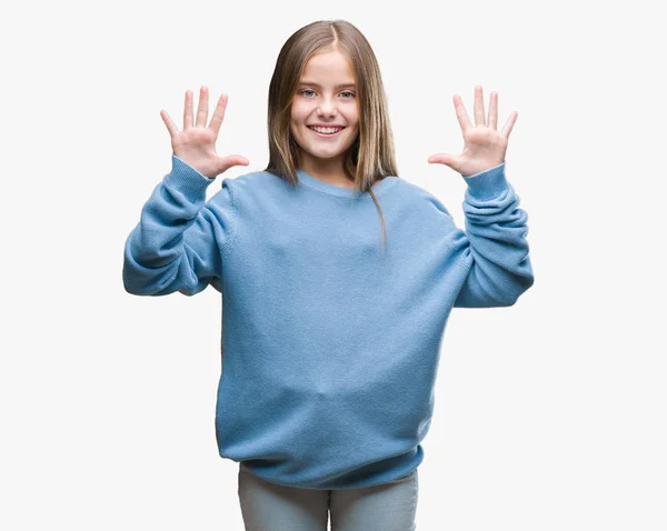 美しい若い女の子着て冬セーター分離背景表示と指で上向きに番号を自信を持って 幸せな笑みを浮かべている間 — ストック写真