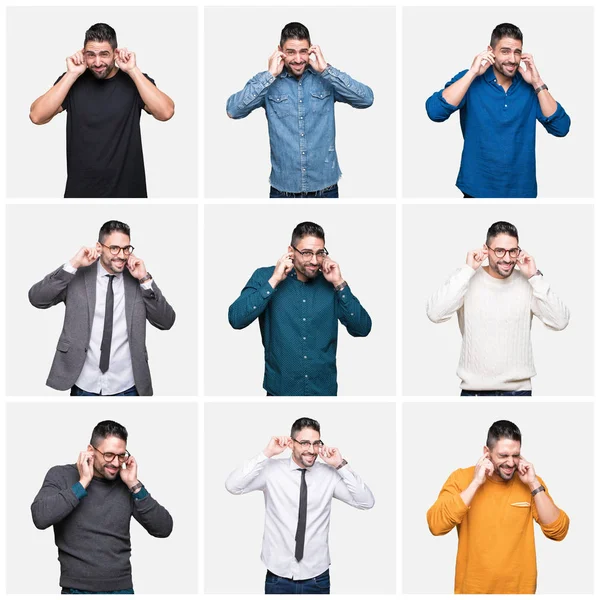 Colagem Homem Bonito Sobre Fundo Isolado Cobrindo Orelhas Com Dedos — Fotografia de Stock