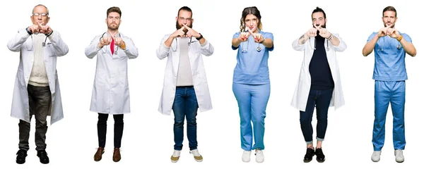 Collage Gruppo Medici Chirurghi Persone Sfondo Bianco Isolato Espressione Rifiuto — Foto Stock