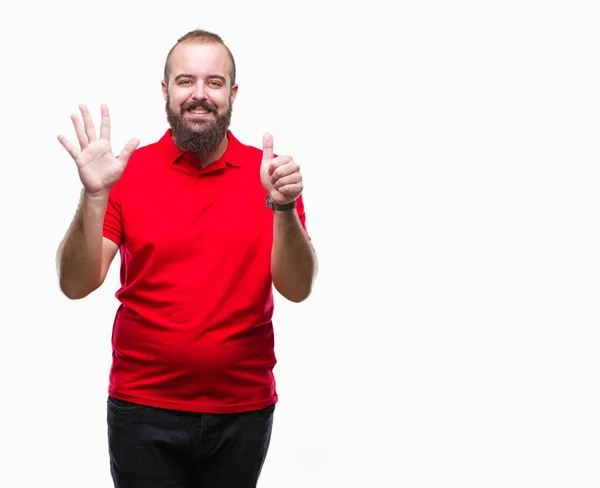 Joven Hombre Hipster Caucásico Con Camisa Roja Sobre Fondo Aislado —  Fotos de Stock