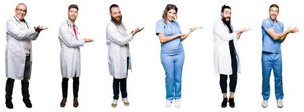 分離された白で医師と外科医の人々 のグループのコラージュ手側にポインティングを背景し 広告笑顔幸せと自信を持って提示 手のひらを開く — ストック写真