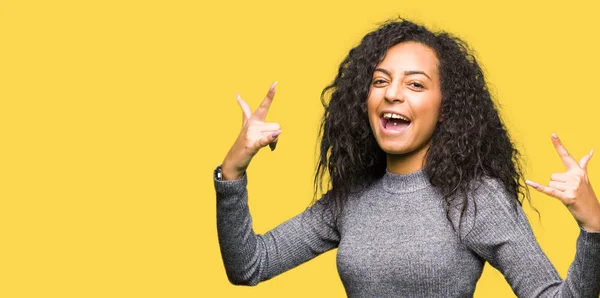 Young Beautiful Girl Curly Hair Shouting Crazy Expression Doing Rock — Stock Photo, Image