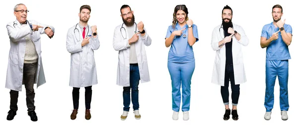 白で医師と外科医の人々 のグループのコラージュ分離急いで時計時間 動揺するポインティング および期限遅れの怒っている背景 — ストック写真