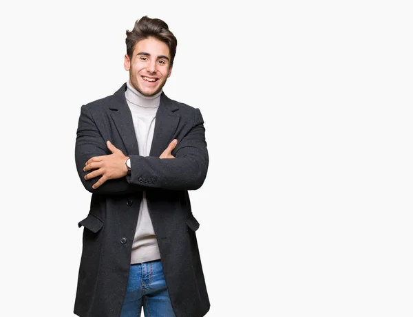 Young Elegant Man Wearing Winter Coat Isolated Background Happy Face — Stock Photo, Image