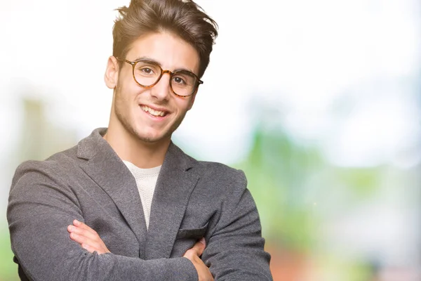 Joven Hombre Negocios Con Gafas Sobre Fondo Aislado Cara Feliz —  Fotos de Stock