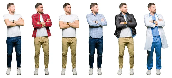 Collage Eines Attraktiven Jungen Mannes Auf Weißem Isoliertem Hintergrund Der — Stockfoto