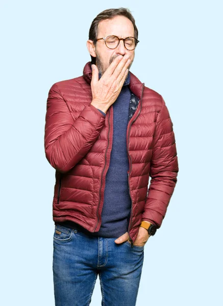 Middle Age Handsome Man Wearing Glasses Winter Coat Bored Yawning — Stock Photo, Image