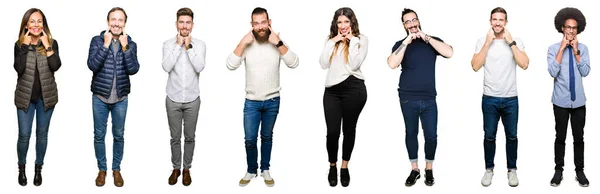 Collage Persone Sfondo Bianco Isolato Sorridente Con Bocca Aperta Dita — Foto Stock