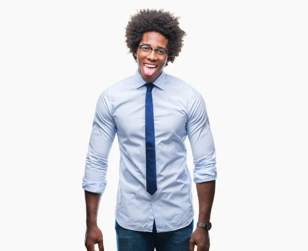 Afroamerikanischer Geschäftsmann Mit Brille Über Isoliertem Hintergrund Der Die Zunge — Stockfoto