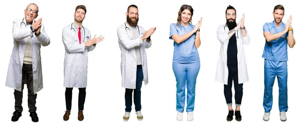 Collage Gruppo Medici Chirurghi Persone Sfondo Bianco Isolato Applaudendo Applaudendo — Foto Stock