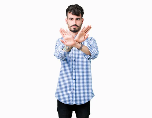 Jonge Knappe Zakenman Geïsoleerde Achtergrond Afwijzing Expressie Kruising Armen Handpalmen — Stockfoto