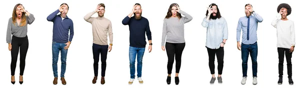 Collage People White Isolated Background Doing Gesture Shocked Surprised Face — Stock Photo, Image