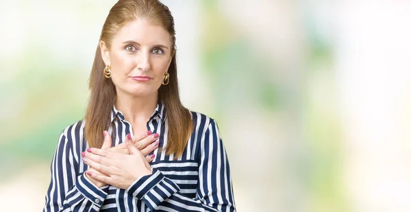 Middle Age Mature Business Woman Isolated Background Smiling Hands Chest — Stock Photo, Image