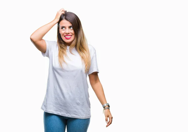 Ung Vacker Kvinna Casual Vit Shirt Över Isolerade Bakgrund Förvirra — Stockfoto