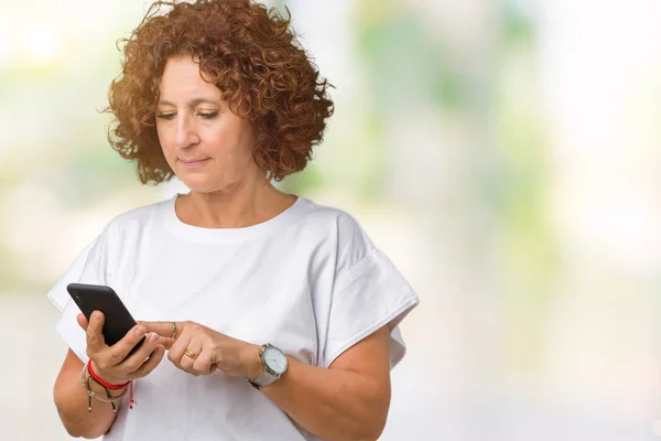 Middle Ager Senior Woman Using Texting Smartphone Isolated Background Confident — Stock Photo, Image
