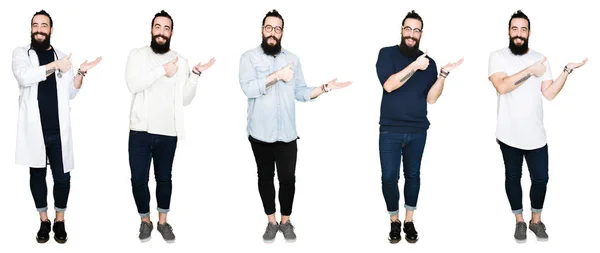 Collage Van Jonge Man Met Baard Lange Haren Witte Geïsoleerd — Stockfoto