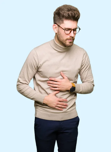 Joven Hombre Negocios Guapo Con Gafas Con Mano Estómago Porque — Foto de Stock