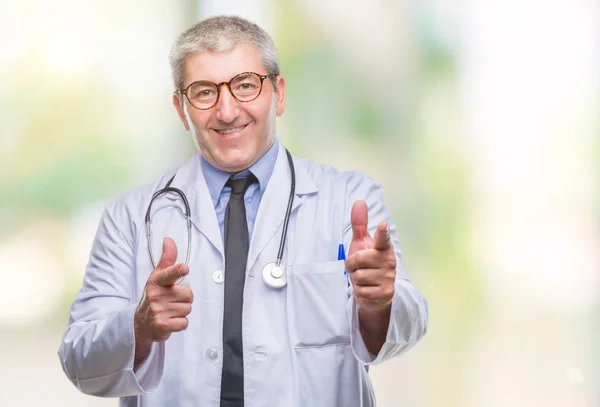 Handsome Senior Doctor Man Isolated Background Pointing Fingers Camera Happy — Stock Photo, Image