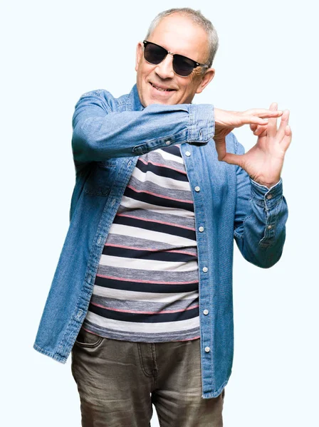 Handsome Senior Man Wearing Denim Jacket Sunglasses Smiling Love Showing — Stock Photo, Image