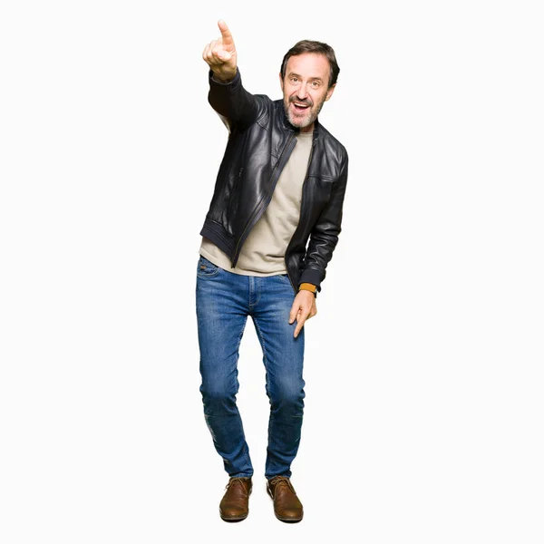 Middle Age Handsome Man Wearing Black Leather Jacket Pointing Finger — Stock Photo, Image