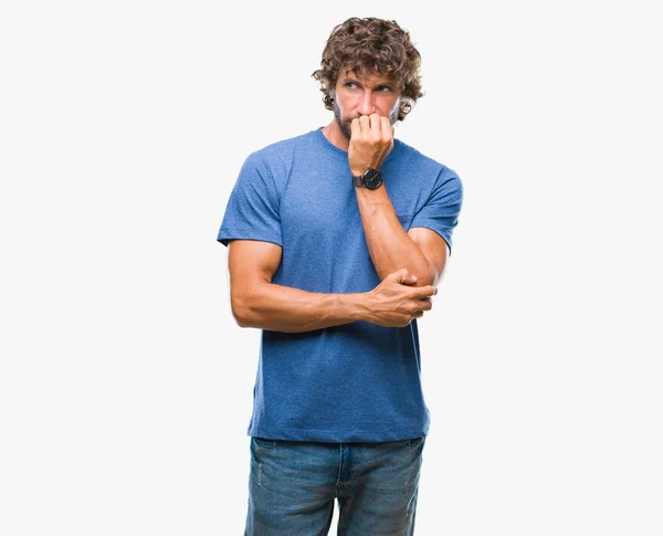 Handsome Hispanic Model Man Isolated Background Looking Stressed Nervous Hands — Stock Photo, Image