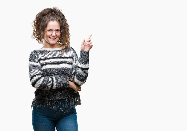 Schöne Brünette Lockige Haare Junges Mädchen Trägt Eine Brille Über — Stockfoto