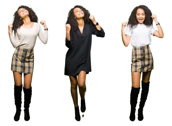 Collage Van Jonge Vrouw Geïsoleerde Witte Achtergrond Erg Blij Opgewonden — Stockfoto
