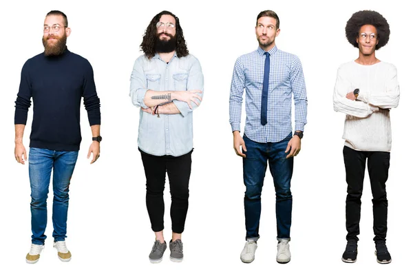 Collage Grupp Unga Män Över Vit Isolerade Bakgrund Leende Seende — Stockfoto
