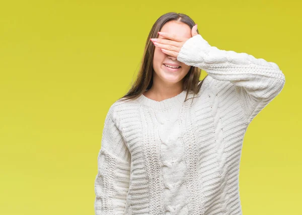 Jovem Mulher Branca Bonita Vestindo Camisola Inverno Sobre Fundo Isolado — Fotografia de Stock