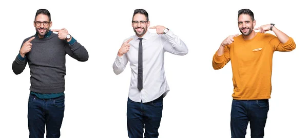 Colagem Homem Bonito Sobre Fundo Isolado Branco Sorrindo Confiante Mostrando — Fotografia de Stock