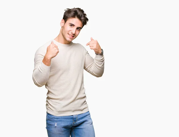 Young Handsome Man Isolated Background Looking Confident Smile Face Pointing — Stock Photo, Image