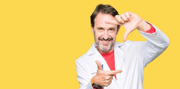 Middle Age Therapist Wearing White Coat Smiling Making Frame Hands — Stock Photo, Image
