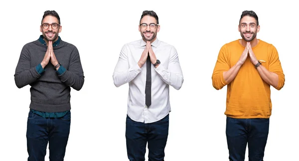 Colagem Homem Bonito Sobre Fundo Isolado Branco Orando Com Mãos — Fotografia de Stock