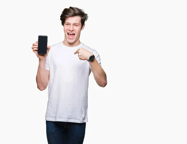 Young Man Showing Smartphone Screen Isolated Background Surprise Face Pointing — Stock Photo, Image