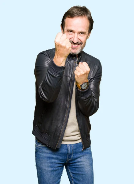 Middle Age Handsome Man Wearing Black Leather Jacket Ready Fight — Stock Photo, Image