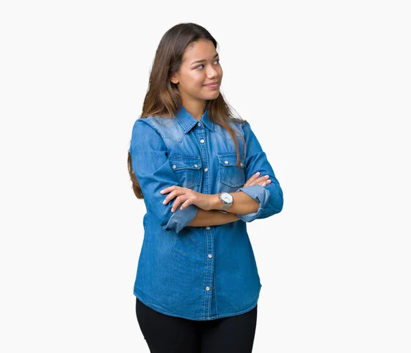 Jeune Belle Femme Brune Portant Une Chemise Denim Bleu Sur — Photo