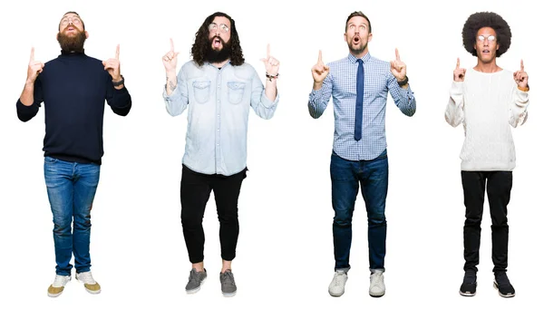 Collage Van Groep Jonge Mannen Witte Geïsoleerde Achtergrond Verbaasd Verrast — Stockfoto