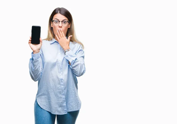 Jovem Mulher Negócios Bonita Mostrando Tela Branco Smartphone Sobre Fundo — Fotografia de Stock