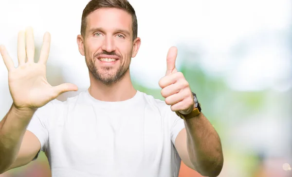 Handsome Man Wearing Casual White Shirt Showing Pointing Fingers Number — Stock Photo, Image