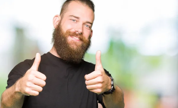 Young Blond Man Wearing Casual Shirt Approving Doing Positive Gesture — Stock Photo, Image