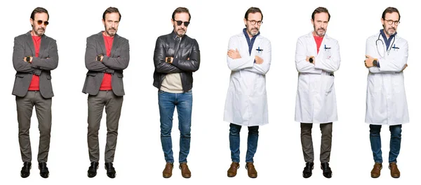 Коллаж Красивого Мужчины Средних Лет Носящего Разные Взгляды Белом Изолированном — стоковое фото