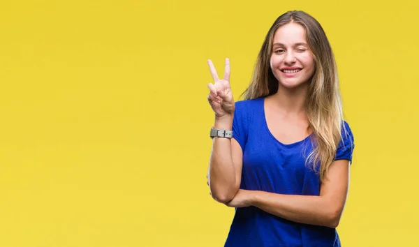 Jovem Bela Mulher Loira Sobre Fundo Isolado Sorrindo Com Rosto — Fotografia de Stock