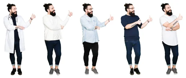 Colagem Jovem Com Barba Cabelos Longos Sobre Fundo Isolado Branco — Fotografia de Stock