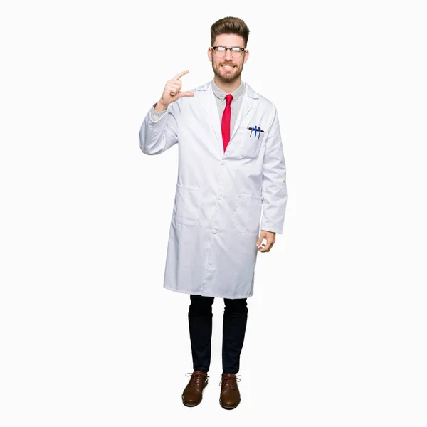 Young Handsome Scientist Man Wearing Glasses Smiling Confident Gesturing Hand — Stock Photo, Image