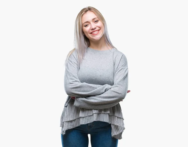 Young Blonde Woman Isolated Background Happy Face Smiling Crossed Arms — Stock Photo, Image