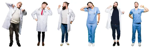 Collage Group Doctors Surgeons People White Isolated Background Stretching Back — Stock Photo, Image
