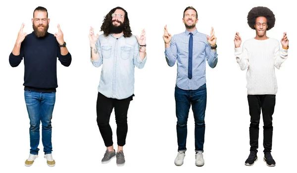 Collage Grupo Jóvenes Sobre Fondo Blanco Aislado Sonriendo Cruzando Los — Foto de Stock