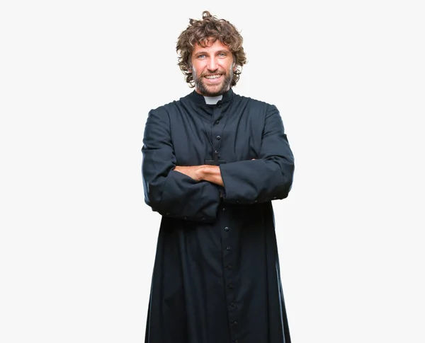 Bonito Padre Hispânico Católico Sobre Fundo Isolado Rosto Feliz Sorrindo — Fotografia de Stock