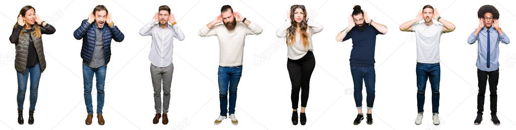 Collage of people over white isolated background Trying to hear both hands on ear gesture, curious for gossip. Hearing problem, deaf