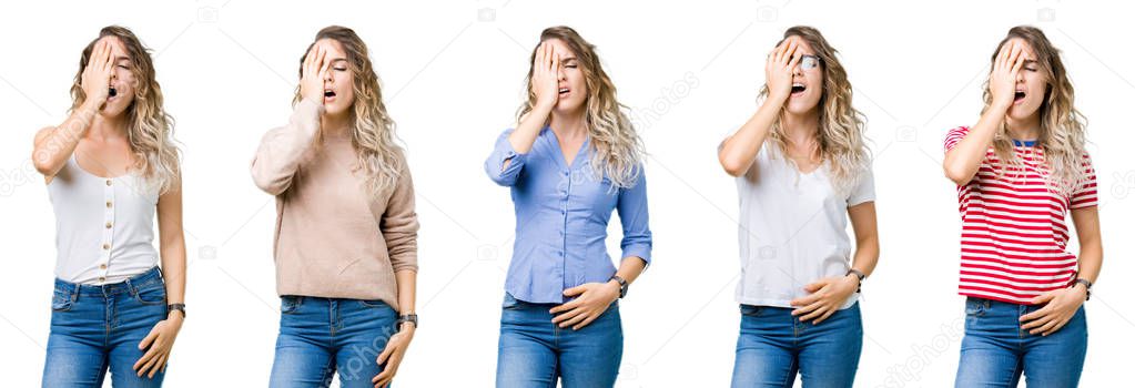 Collage of young beautiful blonde girl over isolated background Yawning tired covering half face, eye and mouth with hand. Face hurts in pain.